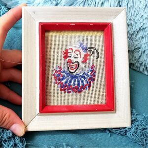 Framed Unfinished Cross Stitch Clown Portrait